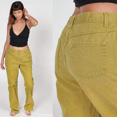 Chartreuse Green Jeans Y2K Straight Leg Jeans Mid Rise Denim Pants Relaxed Tomboy Boyfriend Olive Vintage 00s Large 33 x 34 