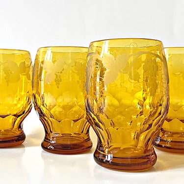 Vintage Georgian glassware 4 Amber Water glasses Pint beer glasses Etched glass drinking tumblers Boho Home Bar Decor 