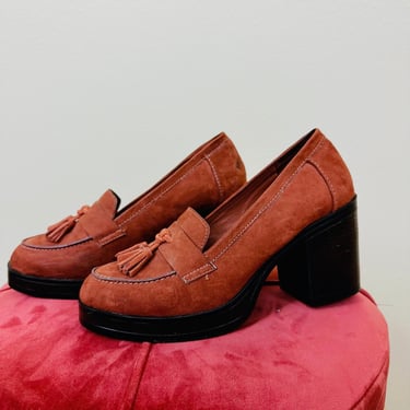 Y2K MIA Faux Suede / Leather Brown Platform Heels / Oxford / Penny Loafers / Size 8 