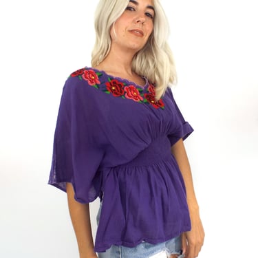 Vintage Purple Embroidered Peasant Top 