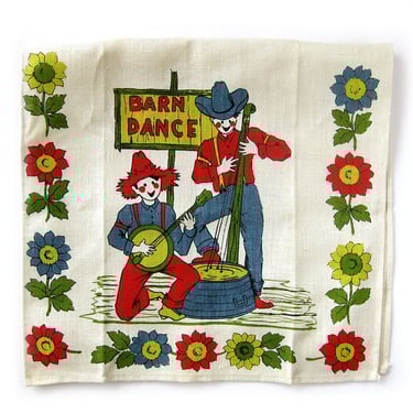Barn Dance Tea Towel / Banjo Player / Red, Yellow, Blue and Green on Natural Linen / Music Theme / Hoedown / Square Dance 