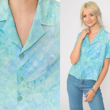 80s Pastel Tie Dye Blouse Embossed Abstract Print Blue Green Short Sleeve Button Down Shirt Vintage 1980s Small 