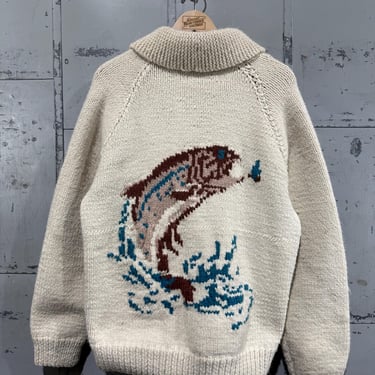 Vintage 70s Fishing Cowichan Knit sweater hand knit chunky heavy trout 