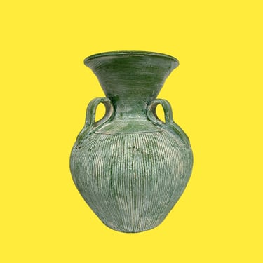 Vintage Terracotta Handled Vase Retro 1990s Bohemian + Green + Textured Design + Rustic Home Decor + Urn + Vessel + Handmade Decoration 