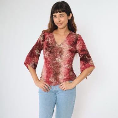 Y2K Floral Bell Sleeve Top Glittery Metallic Party Blouse Leopard Print 2000s V-Neck Boho Hippie Pink Brown Animal Print Sparkly Medium M 