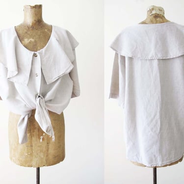 90s Linen Ruffle Blouse L - 1990s Beige Neutral Bib Collar Womens Button Up Shirt - Minimalist Natural Fiber Clothing 