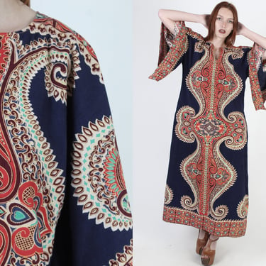 70s Navy Dashiki Maxi Dress / Large Indian Bell Sleeve Ethnic Dress / Wing Kimono Style Angel Sleeves / Vintage Bohemian Festival Caftan 