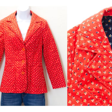 Vintage Quilted Blazer | Red with Flowers Jacket | Small | 5 