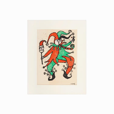 Mid-Century Jester Serigraph on Paper Print Court Jester Joker Fool Vintage 