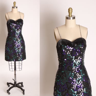1980s Purple And Green Sequin Black Prong Rhinestone Strap Mini Dress by Nadine -S 