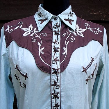 Vintage Retro Women's Cowgirl Western Shirt by Martini Ranch, Pale Green & Brown with Floral Embroidery, Tag Size Medium (see meas. photo) 