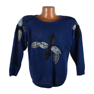 Eighties Sweater Vintage Leatherette Blue Sweater1980s  Women's size L 