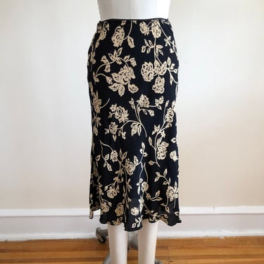 Black and Tan Floral Print Bias Cut Midi Skirt - 1990s 