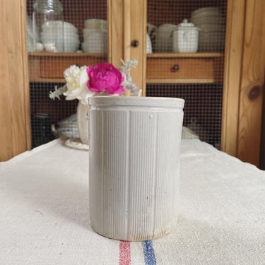 Beautiful vintage English stoneware pot filled with soy wax lavender essential oil 