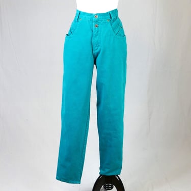 80s Teal Zena Jeans - 29" waist - Angled Pocket Detail - Denim Pants - Vintage 1980s - High Rise, Tapered Leg - 30" inseam 