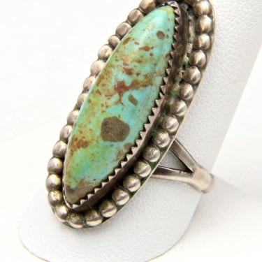 Vintage Sterling Silver Natural Green Turquoise Oblong Ring Southwestern Sz 10.5 