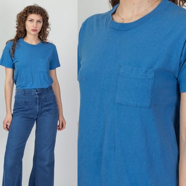 80s Plain Blue Pocket Tee - Unisex Medium | Vintage Fruit Of The Loom Retro T Shirt 