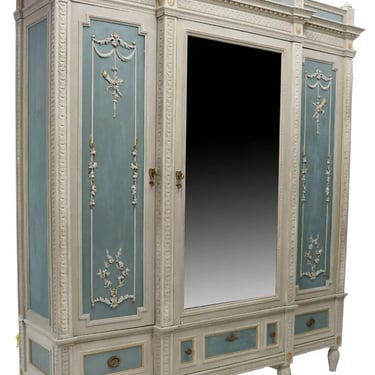 Antique Armoire, Louis XVI Style, Painted, Breakfront Mirror, Parcel Gilt, 1800s