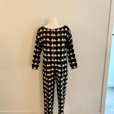 1980s vintage Anne Klein II b/w cotton ikat fabric jumpsuit-size 2 petite 