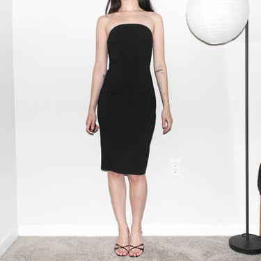 vintage 90s y2k black minimalist sexy strapless fitted tube bodycon mini midi dress by express 