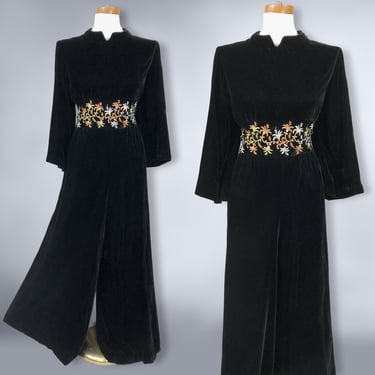 VINTAGE 60s Luxe Black Rayon Velvet and Metallic Palazzo Pants Jumpsuit by Barsarobe Size L | 1960s 40s Style Gothic Wide Leg Loungewear VFG 