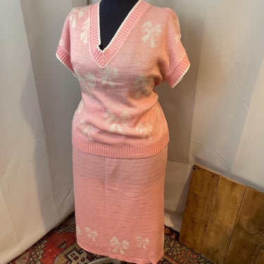 1980s Sweater Skirt Dress Set Pastel Pink Bows Coquette XL 