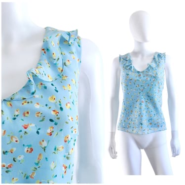 1990s Y2K Pale Blue Tank Top with Yellow Flowers - 1990s Blue Tank Top - 2000s Tank Top - Y2K Blue Tank Top - Y2K Summer Top | Size Large 