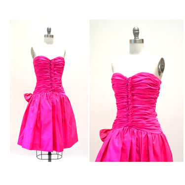 Vintage 80s Strapless Bright Pink Party Prom Dress XXS XS Small Victor Costa// 80s Party Dress Pink Barbie Dress Strapless size XXS xs 