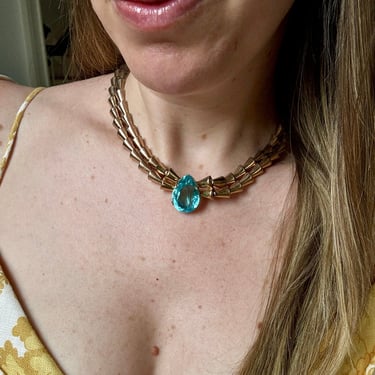 1940s Gilt Sterling Aqua Crystal Necklace