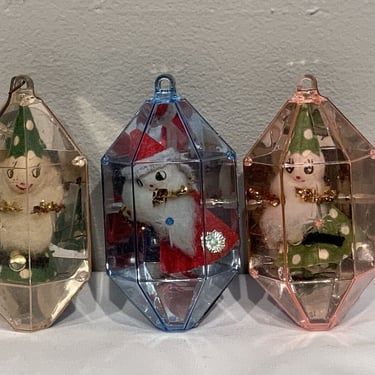 3 Vintage Jewel Brite Christmas Gem Diorama Ornaments 2 Elf/pixies + 1 Santa 