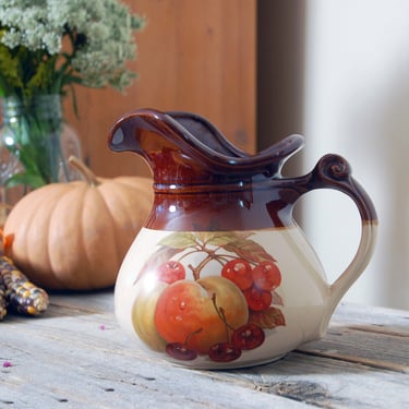 McCoy pitcher #7515 with fruit design / vintage McCoy Harvest Fruit Festival stoneware pitcher / 2 tone farmhouse water jug / stoneware vase 