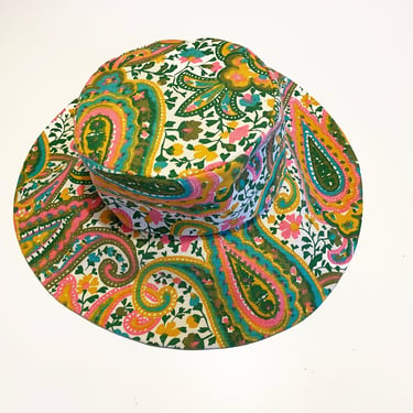 07# Pink + Green Paisley Vintage 60s 70s Fabric Floppy Hat • Psychedelic • Hippie Boho Festival / Hawaiian Tiki Oasis / Beach Pool Sun Hat 