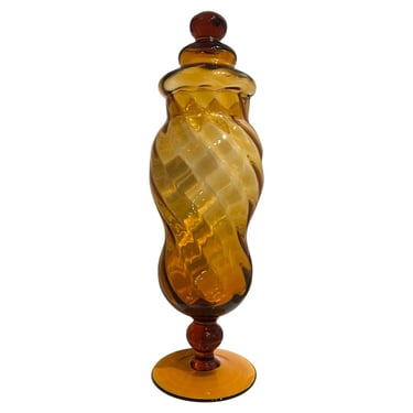 Vintage mid century modern Italian Empoli blown glass apothecary jar amber Italy. 