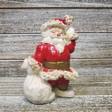 Vintage Ceramic Santa Claus Figurine, 1950s Porcelain Spaghetti Trim Santa Suit w/ Toy Gift Sack, Mid Century Modern Vintage Christmas Decor 