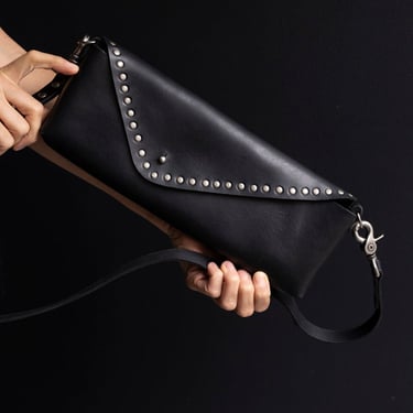 Black Studded Long Leather Crossbody Bag