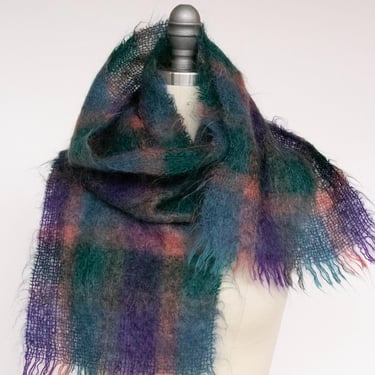 1960s Scarf Mohair Wool Plaid Knit Wrap 