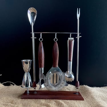 Vintage Mid Century Modern Bar Tool Set, 7 piece, Wood and Stainless Steel, made in Japan, Jigger Opener Tongs Strainer Spoon Fork, Rack 