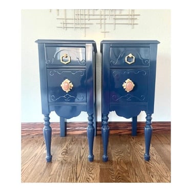 Vintage High Gloss Navy End Stands - Set of Two 