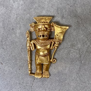 Vintage Tribal Warrior Metal Brooch, Aztec Maya Inca, Metropolitan Museum of Art ©1994 