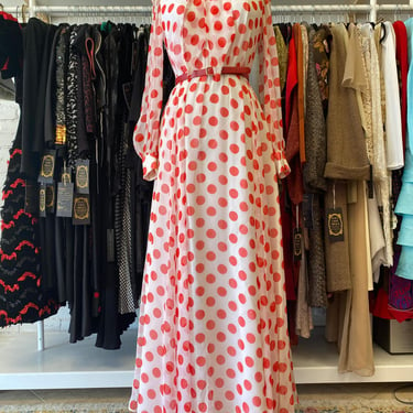 vintage 1960s red and white chiffon polka dot maxi dress sheer long sleeve small 