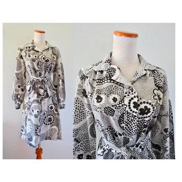 Vintage 60s Mini Dress - Mod Hippie Long Sleeve Op Art Abstract Print Collared Dress by Leslie Fay - Size Medium 