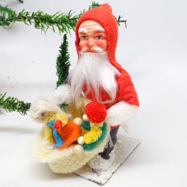 Vintage 1950's German Santa with Faux Feather Christmas Tree and Toys, Hand Painted Face, Fur Beard 