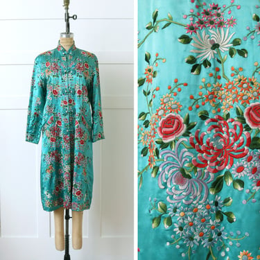 vintage Chinese embroidery silk robe • heavily embroidered teal green floral jacket • mandarin collar duster 