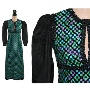 70s Renaissance Dress XS, Puff Long Sleeve A Line Empire Waist Maxi Dress, Tapestry Winter Evening Gown, Formal 1970s Clothes Women Vintage 