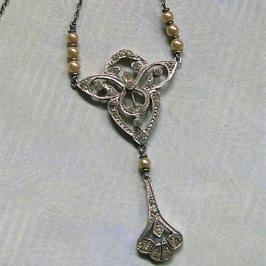 Antique  Edwardian Sterling Paste Necklace, Old Sterling Necklace With Pearls, Lavaliere Necklace, Wedding Necklace (#4105) 