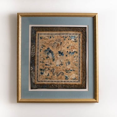 Antique Chinese 100% Silk Botanical Hand Embroidered Textile Framed Tapestry  - 1880s 