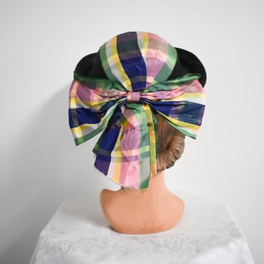 1940s Black Straw Hat with Plaid Taffeta Ribbon and Bow 