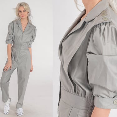 80s Jumpsuit Cement Grey Tapered Pantsuit Puff Sleeve Retro Zip Up Romper Pants Collared V Neck Eighties Chic Vintage 1980s Byer Too! XS 