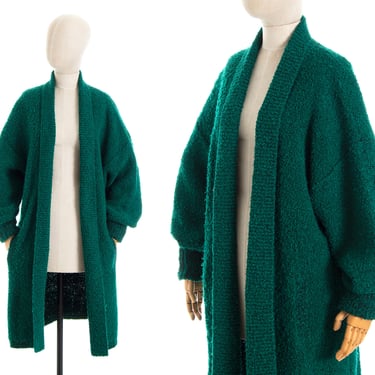 Vintage 1980s Sweater Coat | 80s Green Nubby Knit Acrylic Oversized Cozy Cardigan (medium/large) 