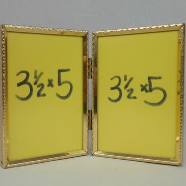 Vintage Hinged Double Picture Frame - Gold Tone Metal w/ Non-Glare Glass - Holds Two 3 1/2